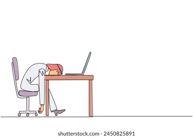 Single continuous line drawing Arabian businessman fell asleep in front of a laptop computer. Fatigue running a business. Mental health problem. Exhausted. Bored. One line design vector illustration