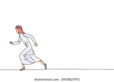 Single continuous line drawing Arabian businessman leisurely strolling. Habit to get rid of nervousness. Nervous when meeting big client. Light exercise for health. One line design vector illustration