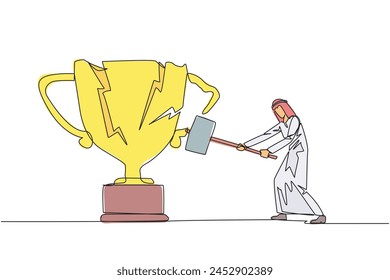 Single continuous line drawing Arabian businessman preparing to hit big trophy. Rampage. Expressing mounting anger. Smashing the trophy with a sledgehammer. Failed. One line design vector illustration