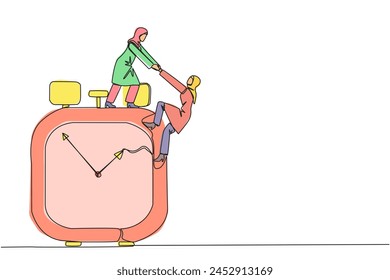 Single continuous line drawing Arabian businesswoman helps colleague climb alarm clock. Helping coworkers. Deadline is coming. Work together for better end result. One line design vector illustration