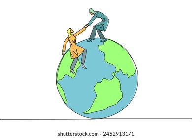 Single continuous line drawing Arabian businesswoman helps colleague climb big globe. Metaphor of reaching top of the world through increasing business. Teamwork. One line design vector illustration