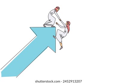 Single continuous line drawing Arabian businessman helps colleague climb rising arrow symbol. Compact teamwork. Positive effect on company. Complete work correctly. One line design vector illustration