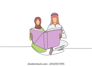 Single continuous line drawing Arabian man woman sitting reading standing book. Enthusiasm never goes away. Happy when reading story book. Book festival concept. One line design vector illustration