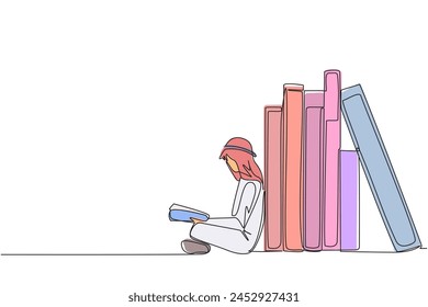 Single continuous line drawing Arabian man reading sitting leaning against a pile of books. Habit of reading books every day. Library. Good habit. Book festival concept. One line vector illustration