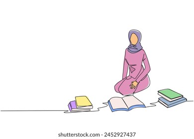 Single continuous line drawing Arabian woman reading the books happily. Good reading interest. Really enjoy reading story books. Reading everywhere. Book festival concept. One line vector illustration