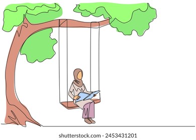 Single continuous line drawing Arabian woman sitting on swing under shady tree reading book. High enthusiasm for reading. Read anywhere. Reading increases insight. One line design vector illustration