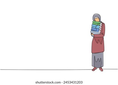 Single continuous line drawing Arabian woman standing hugging some books. Favorite book that finish reading. Some books will be donated to national library. Charity. Knowledge. One line design vector