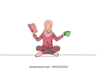 Single continuous line drawing Arabian woman sitting cross-legged reading book. Accompanied by mug of coffee to make reading more interesting. Knowledge. Calmness. One line design vector illustration