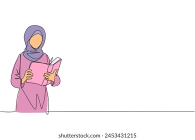 Single continuous line drawing Arabian woman focus on reading. Try to find answer to the tasks given. Seek more knowledge. Reading increases insight. Happy reading. One line design vector illustration