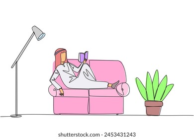 Single continuous line drawing Arabian man sitting stretched out on sofa reading book. Really like content of the book reading on each page. Impressive. Love read. One line design vector illustration