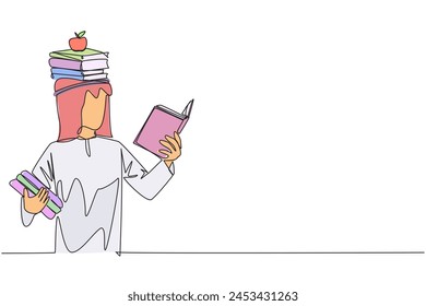 Single continuous line drawing Arabian man reading book practicing balance. Stack books on top of head along with the apple. Balancing reading rhythm, train focus. One line design vector illustration