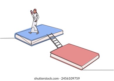 Single continuous line drawing Arabian man walking reading on book. Book exhibition concept. Display many books, scientific books to fiction story books. Book festival. One line vector illustration