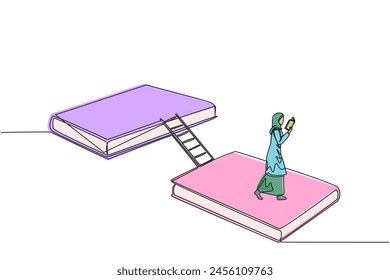 Single continuous line drawing Arabian woman walking reading on book. Book exhibition concept. Display many books, scientific books to fiction story books. Book festival. One line vector illustration