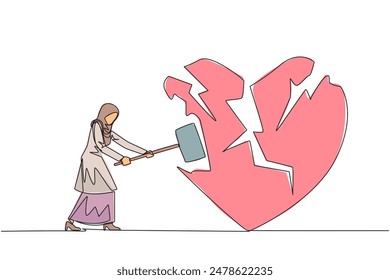 Single continuous line drawing Arabian businesswoman preparing to hit the big heart. Broken heart. Loss of concentration. Emotional feeling. No direction. Angry. One line design vector illustration