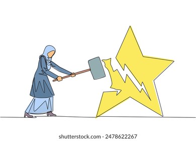 Single continuous line drawing Arabian businesswoman preparing to hit big star. The destroyer of dream. Failed to get the best career position. Anger overflowed. One line design vector illustration