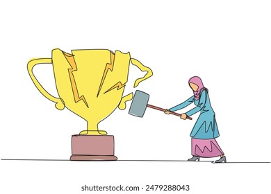 Single continuous line drawing Arabian businesswoman preparing to hit big trophy. Rampage. Expressing mounting anger. Smashing trophy with a sledgehammer. Failed. One line design vector illustration