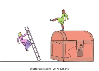 Single continuous line drawing Arabian businesswoman kicks opponent who climbs treasure chest with ladder. Greed for wealth. Betrayal. Unfair business competition. One line design vector illustration