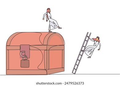 Single continuous line drawing Arabian businessman kicks opponent who climbs treasure chest with ladder. Greed for wealth. Betrayal. Unfair business competition. One line design vector illustration