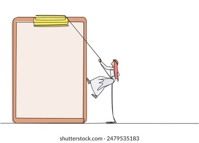 Single continuous line drawing Arabian businessman climbing clipboard with rope. Extra effort to work on reports optimally. The final report is awaited. Work hard. One line design vector illustration