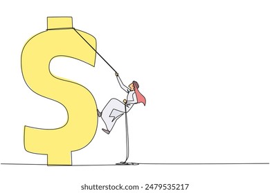 Single continuous line drawing Arabian businessman climbs dollar symbol. Metaphor looking for extra money because of high needs. Smart work combined with hard work. One line design vector illustration