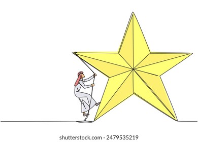 Single continuous line drawing Arabian businessman climbing star with rope. Entrepreneurs strive extra hard to reach the goals hang in the stars. Dream come true. One line design vector illustration