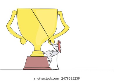 Single continuous line drawing Arabian businessman climbs the trophy with rope. Expanding branding by winning many awards. Connecting relationships. Mutual benefit. One line design vector illustration