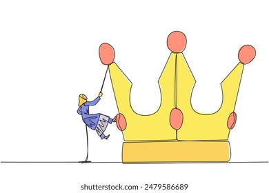 Single continuous line drawing Arabian businesswoman climbs the crown with rope. Prepare for better life by working hard to achieve highest position. Hard worker. One line design vector illustration