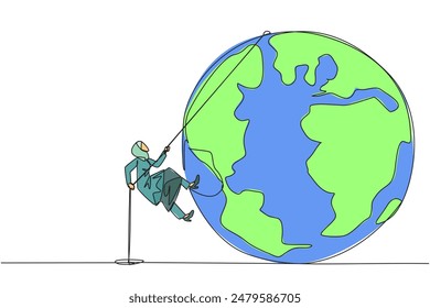 Una sola línea continua que dibuja a la empresaria árabe sube el globo con la cuerda. Tratando de dominar el mundo con la expansión de negocios masiva. El éxito llega a la cima del mundo. Ilustración vectorial de diseño de una línea