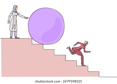 Single continuous line drawing Arabian businesswoman running down stairs avoiding the big ball. Attacked by business friend. Traitor in business. Cheating. Betray. One line design vector illustration