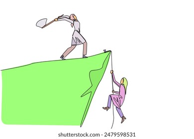 Single continuous line drawing Arabian businesswoman climbs cliff with rope. Almost successful. Rudely dropped by a business friend. Fake partner. Worst teamwork. One line design vector illustration