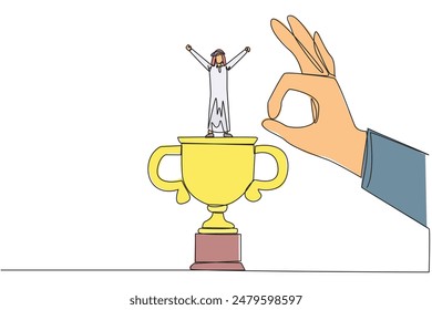 Single continuous line drawing Arabian businessman standing on big trophy. Celebrating the success of business. Got fraudulent business opponents. Falling helpless. One line design vector illustration