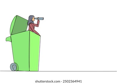 Single continuous line drawing Arabian businesswoman emerges from a wheeled bin looking for something through binoculars. Modernization. Facilitate the work. One line design vector illustration