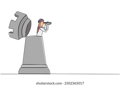 Single continuous line drawing Arabian businessman appears out of the rook chess piece looking for something through binoculars. Pay attention to better strategy. One line design vector illustration