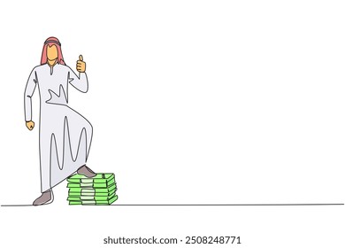 Single continuous line drawing Arabian businessman stands with thumbs up pose and steps on stack of banknotes with one of foot. Marvelous feeling. Multiple profits. One line design vector illustration