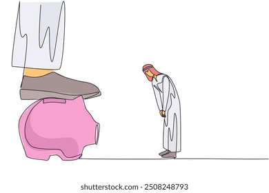 Single continuous line drawing Arabian businessman nodded in front of the giant foot that stepped on the piggy bank. Received orders to make massive investments. One line design vector illustration