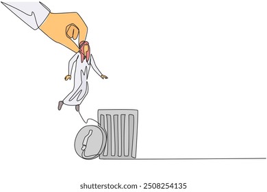 Single continuous line drawing Arabian businessman is lifted by giant hand and will be put into a trash can. Traitor. Makes business plan leaky and unprofitable. One line design vector illustration