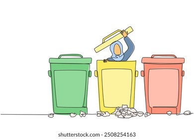 Single continuous line drawing Arabian businesswoman peeking out of trash can, there were lots of wads of paper. Failure in managing business. Stress. Frustrated. One line design vector illustration