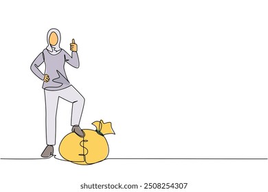 Single continuous line drawing Arabian businesswoman stands with thumbs up pose and steps on money bag with one of her foot. Success is sometimes worth announcing. One line design vector illustration