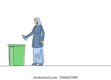 Single continuous line drawing Arabian woman throw used plastic bottles into overflowing trash cans. Environmental care. Provide examples of commendable actions. One line design vector illustration