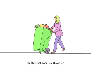 Single continuous line drawing Arabian businesswoman pushing trash can filled with wads of paper. Piling useless files in workspace is not important. Throw away. One line design vector illustration