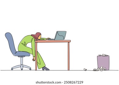 Single continuous line drawing Arabian businesswoman sitting in work chair looking tired. Has no enthusiasm. Has no fighting spirit. Stress. Fatigue. Frustrated. One line design vector illustration