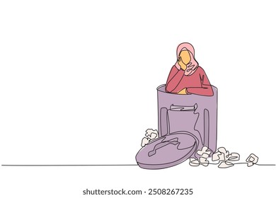 Single continuous line drawing Arabian businesswoman is in the trash. Poor mentality. Contemplating fate. Unable to pay all bills. Trying to find the best way out. One line design vector illustration