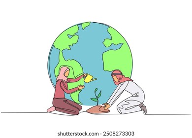 Single continuous line drawing Arabian man holds mound of earth while Arabian woman waters plants. Always work together to protect the earth. For better the earth. One line design vector illustration