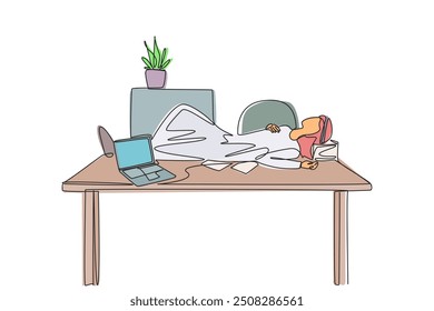 Single continuous line drawing Arabian man fell asleep on the table with a pillow from a pile of papers. Relaxing. Too tired from too much work. A short break. One line design vector illustration