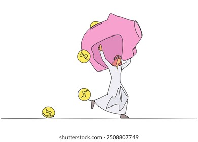 Dibujo de línea continua única Hombre de negocios árabe corriendo levantando una gran hucha en los hombros. Moneda de símbolo de dólar cayendo. Las condiciones financieras eran volátiles. Ilustración vectorial de diseño de una línea