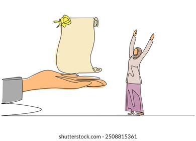 Single continuous line drawing Arabian businesswoman excited to get roll of stamped paper from the giant hand. Vintage. Important announcement. Brilliant career. One line design vector illustration