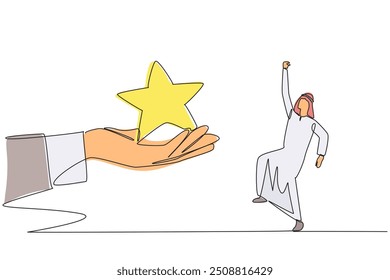 Single continuous line drawing Arabian businessman was happy to get a star from the giant hand. Board of directors trust. Become an exemplary employee this year. One line design vector illustration