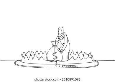 Single continuous line drawing arabian woman is taking money bag on top of bear trap. Household loans. Trapped in debt. Lots of debt. Full of risks. Money Bait. One line design vector illustration