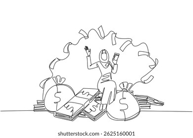 Single continuous line drawing an Arabian woman sits on a pile of banknotes and throws banknotes. Spending on the right services. Wealthy. Be a Millionaire Day. One line design vector illustration