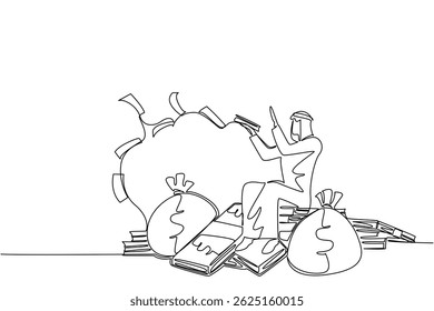 Single continuous line drawing an Arabian man sits on a pile of banknotes and throws banknotes. Smart work pays off. Maximum profit. Wealthy. Be a Millionaire Day. One line design vector illustration